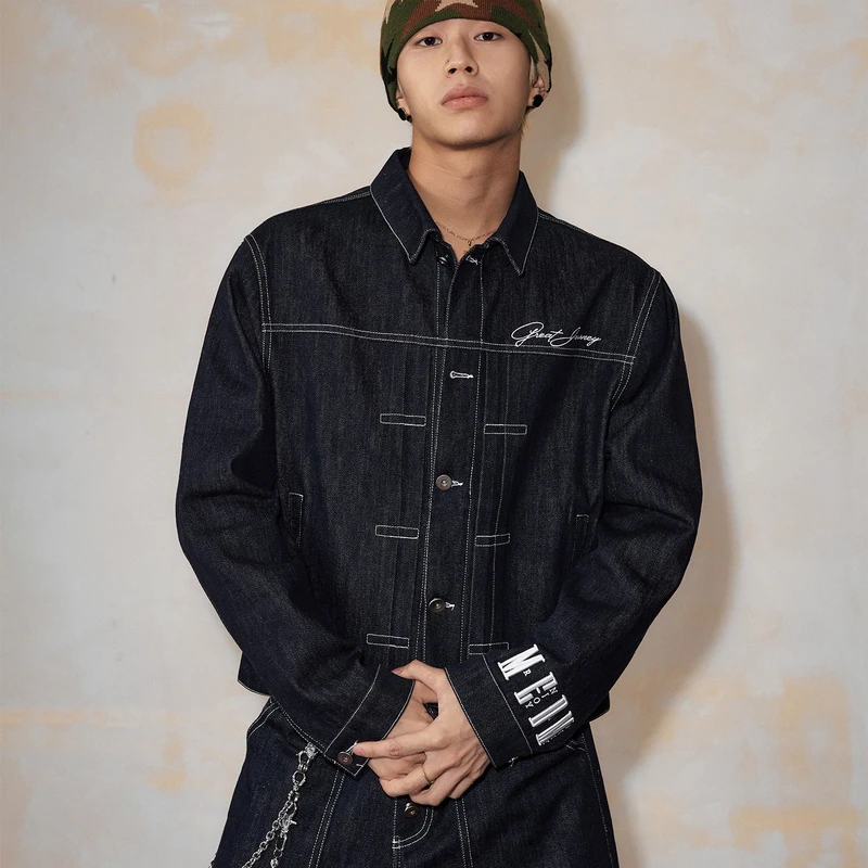 MEDM 原牛基础套装袖口字母刺绣休闲外套潮流宽松翻领牛仔夹克男