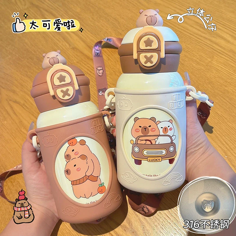 新款潮流公仔儿童壶316不锈钢双饮保温杯学生上学必备水杯