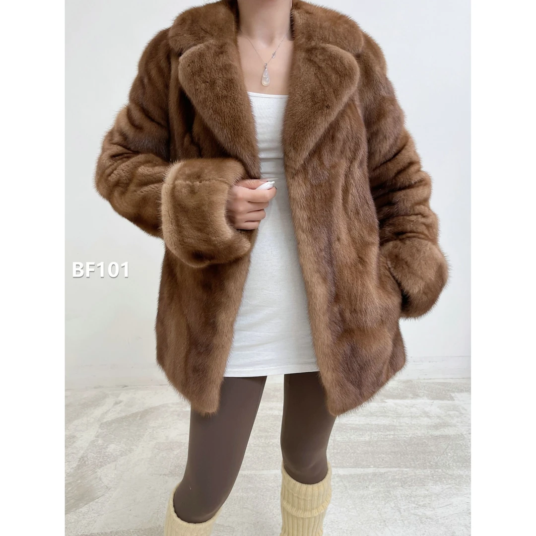 【BF101】XXS码 奶茶棕短款全抽貂皮大衣皮草 西装领挽袖