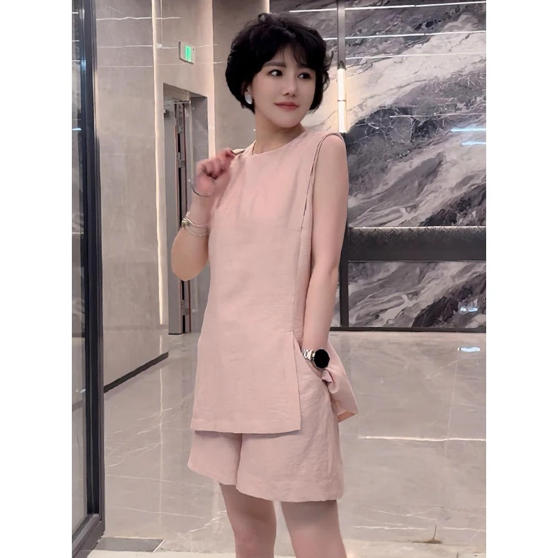 2025年夏季新款高级感亚麻套装显气质减龄圆领无袖上衣短裤两件套
