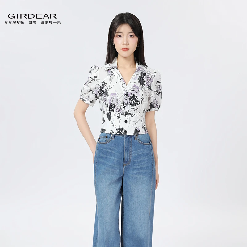 GIRDEAR/哥弟春夏新款纯棉衬衣复古格纹泡泡袖收腰显瘦衬衫130071