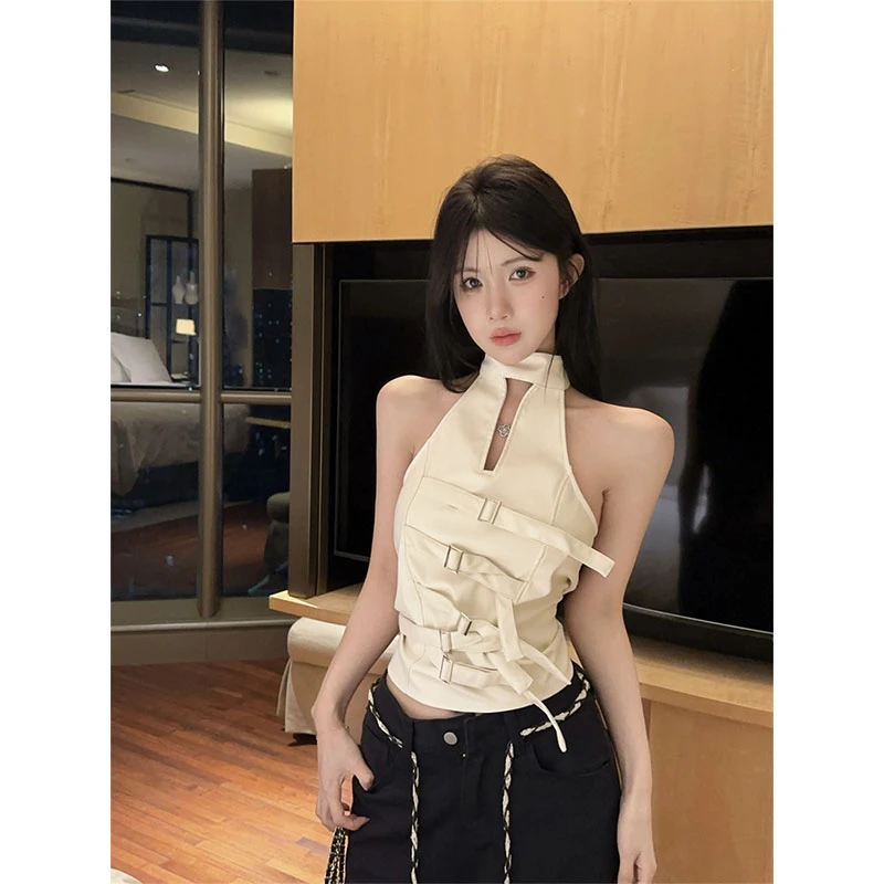 2025秋季新款纯欲性感甜辣PU皮挂脖设计感修身小个子收腰内搭吊带