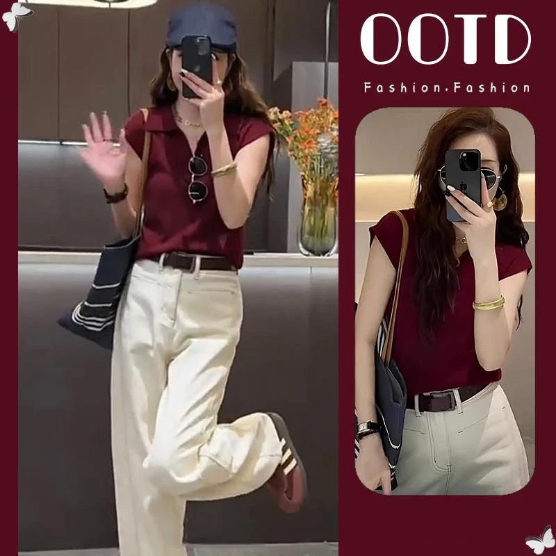 复古纯色短袖针织衫女2025夏季新款Polo领显瘦气质牛仔裤两件套装