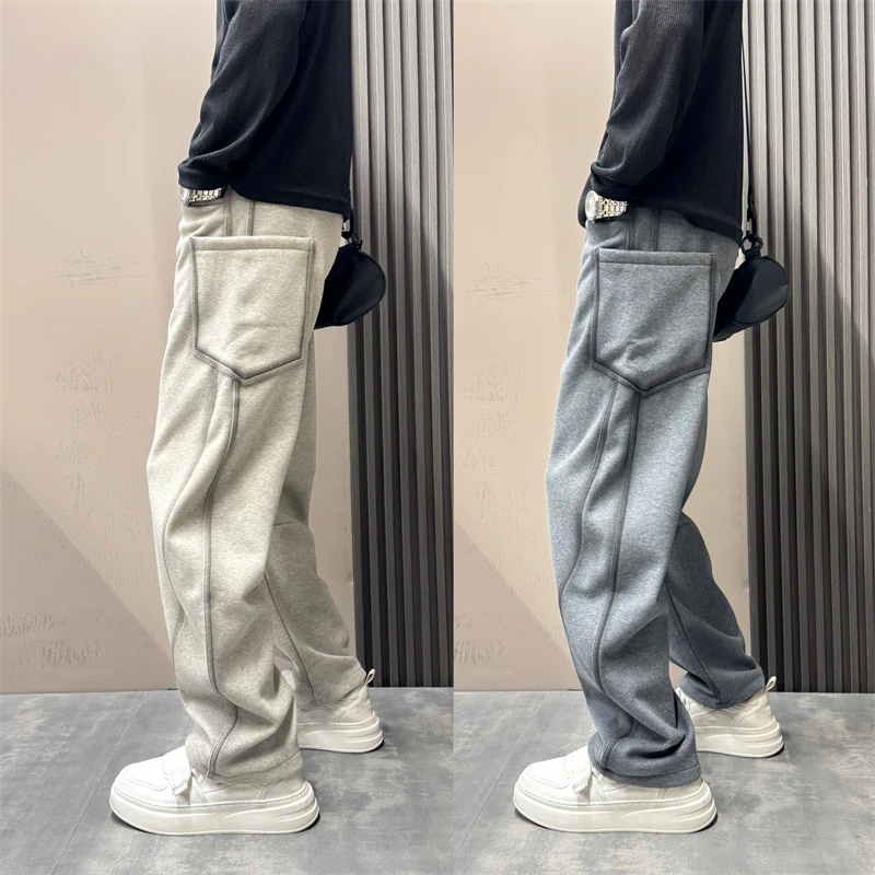 2025秋冬设计感做旧加绒加厚宽松弯刀休闲卫裤男百搭垂感显瘦长裤