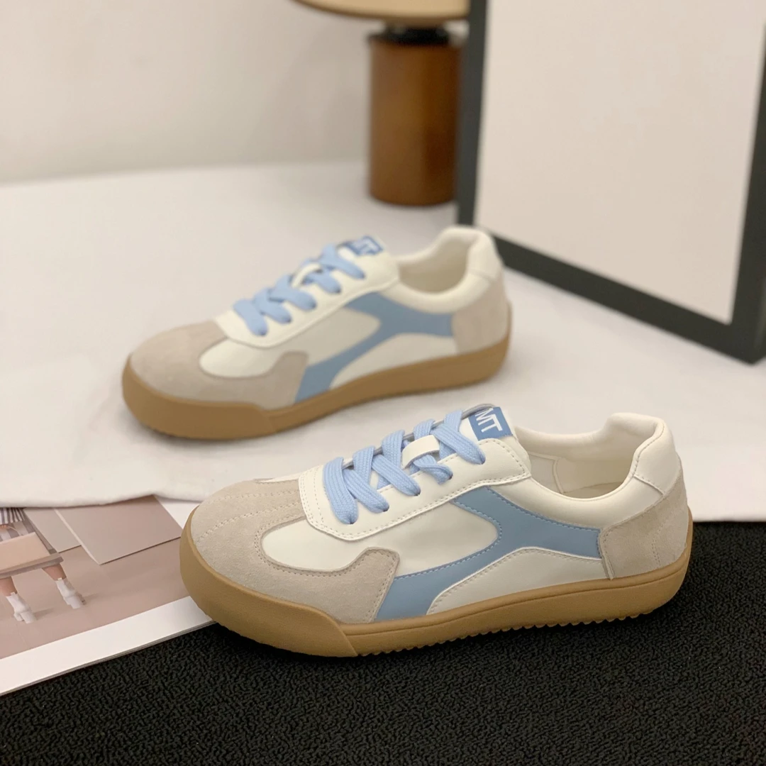 时尚拼色德训鞋女2025夏新款百搭平底系带百搭轻便显脚小休闲板鞋