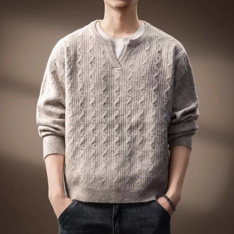 U&PURA高端美式复古V领长袖针织衫男秋冬纯色简约老钱高级感卫衣