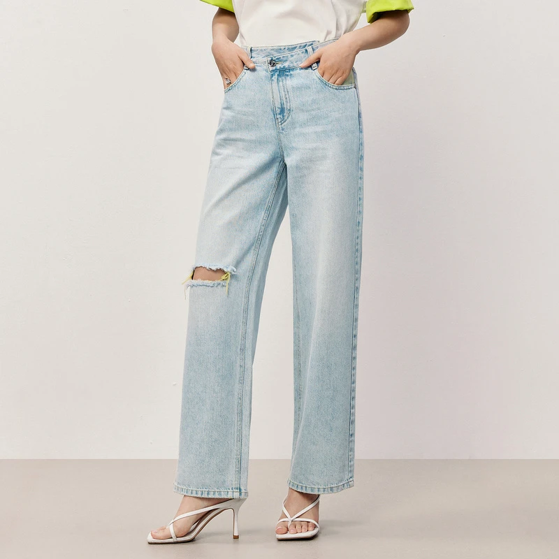 HPLY荷比俪夏季新款女撞色荷花破洞个性阔腿裤HYD21420341