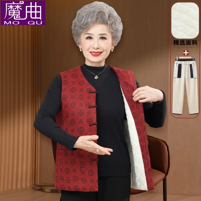 中老年妈妈秋冬新款加绒加厚马甲女宽松印花百搭保暖坎肩上衣外套