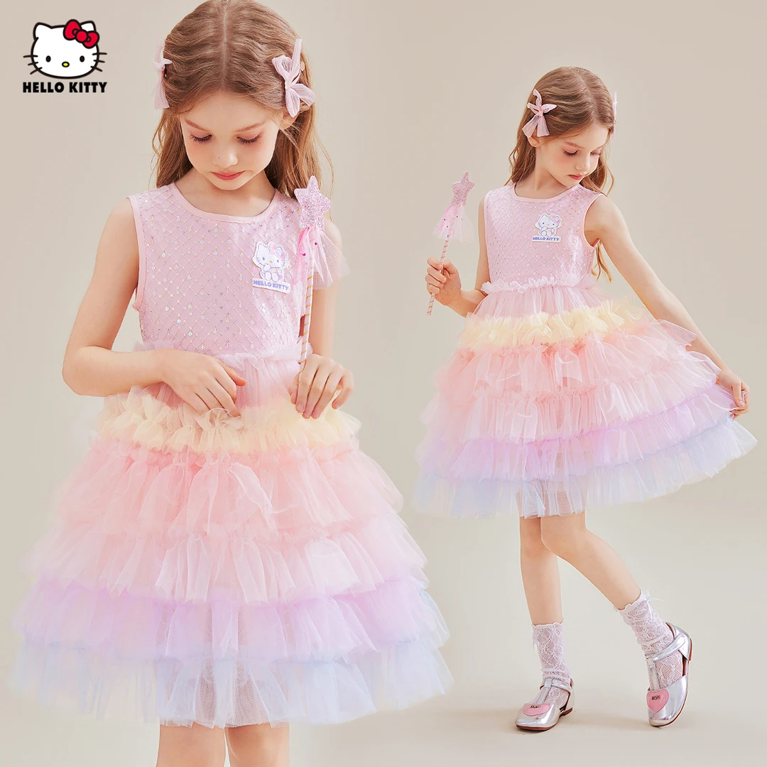 女童夏季连衣裙2025新款网纱中大童装渐变色蓬蓬裙