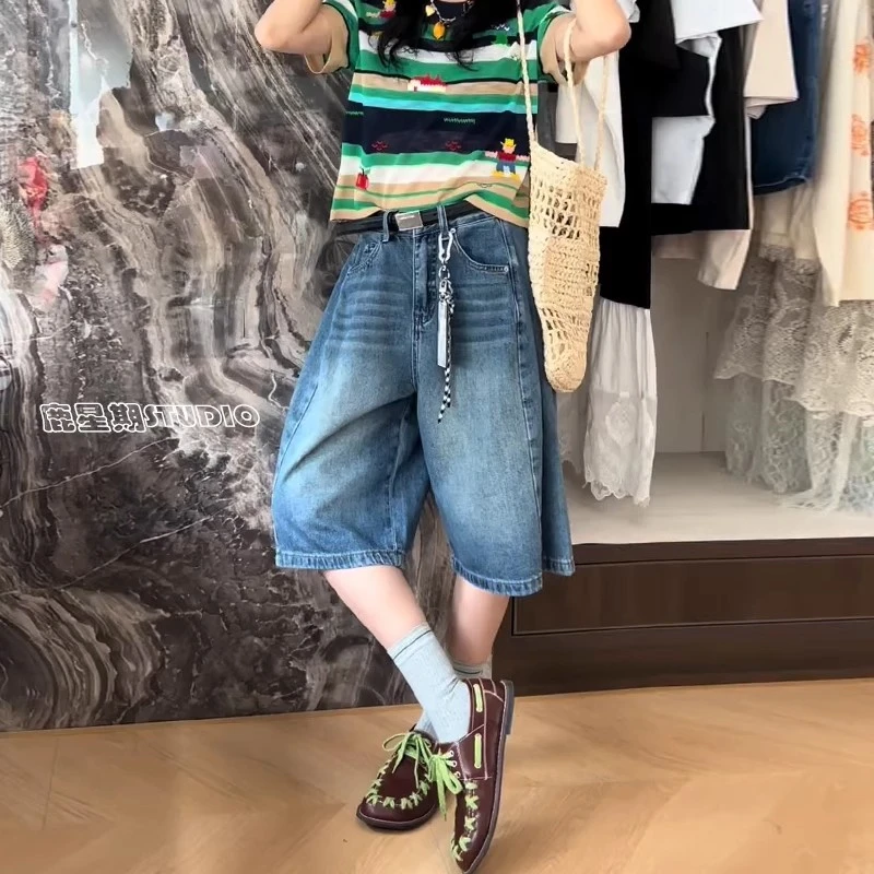 夏季薄款阔腿牛仔裤女2025新款高腰复古时尚气质宽松显瘦百搭中裤