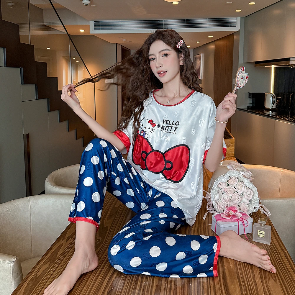 带胸垫夏季提花睡衣女短袖薄款三件套宽松卡通休闲家居服套装夏天