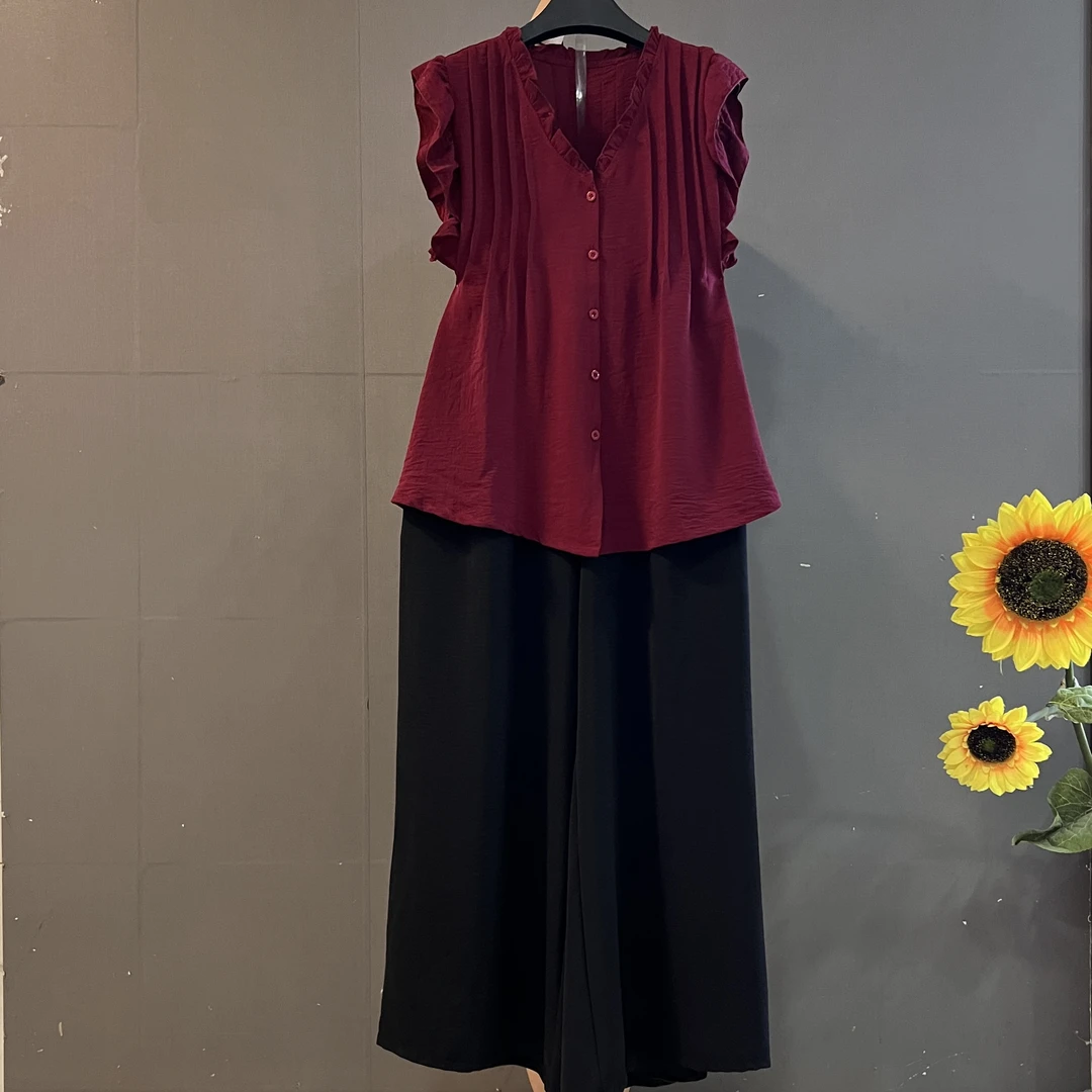 新款木耳花边砍袖宽松显瘦上衣搭配松紧腰阔腿裤两件套