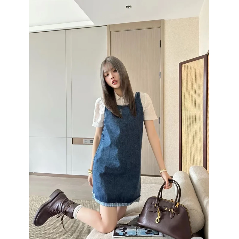 25SS春夏新款字母刺绣牛仔拼接连衣裙~