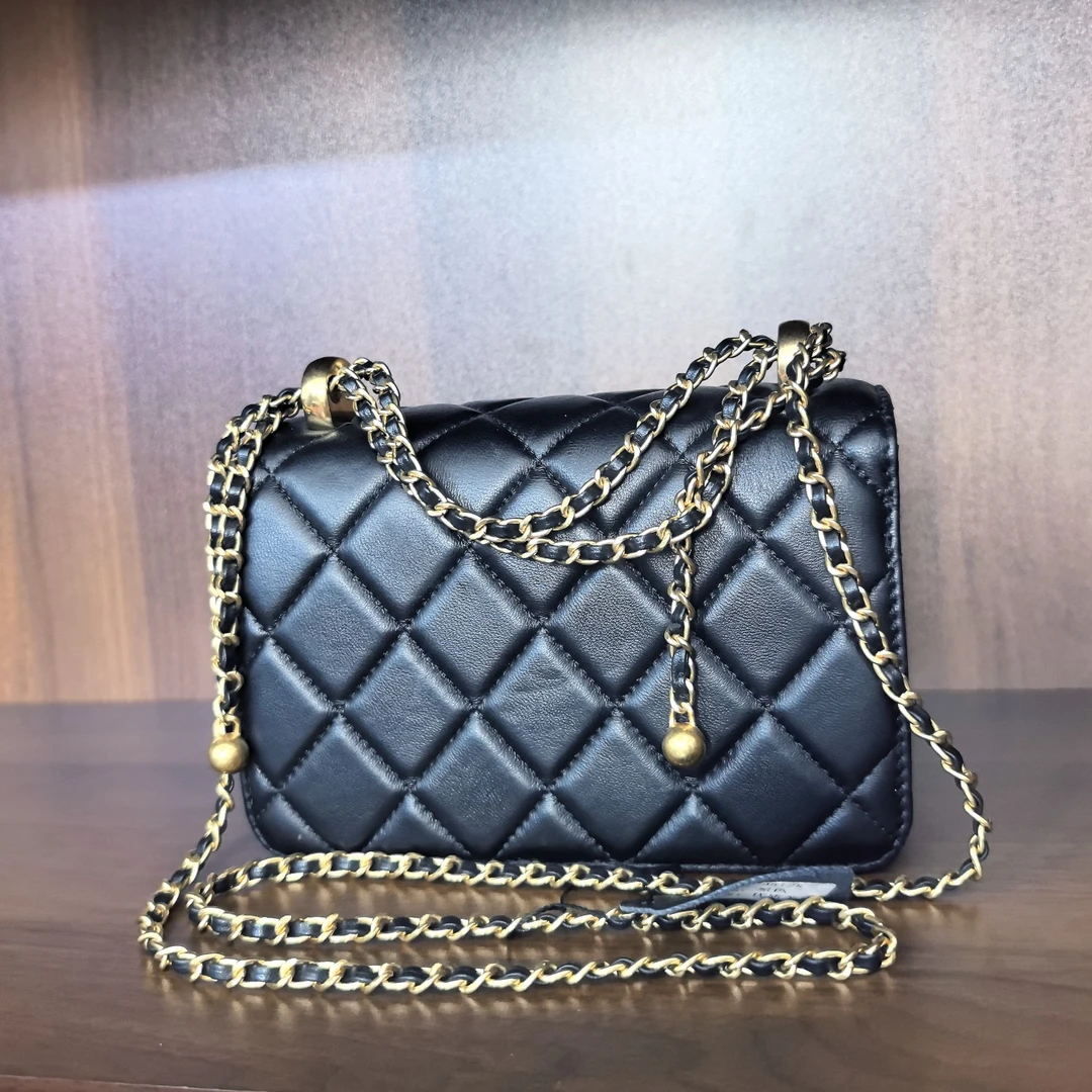 薇薇手工真皮包-黑色-长19x高14-细小双珠链大香A45