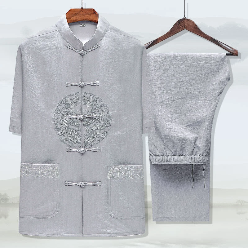 中老年人夏装短袖套装爷爷中国风汉服男装50中年爸爸夏季唐装60岁