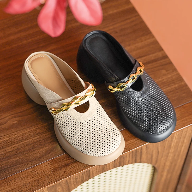 6cm/羊皮/厚底防水台包头半拖鞋女真皮夏季新款轻盈圆头高跟皮拖