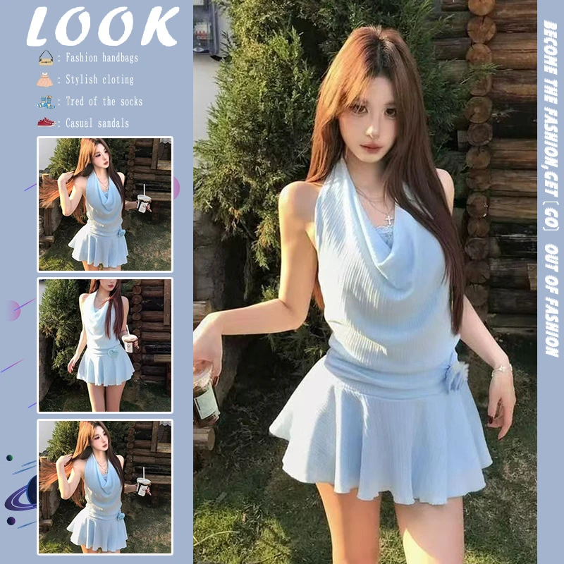 性感辣妹新款超绝蓝色荡领挂脖露背2025年夏季连衣裙收腰显瘦短裙