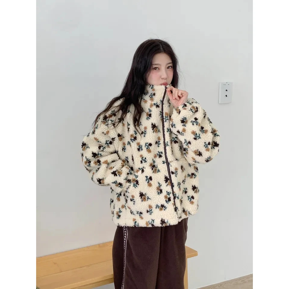 chic 韩版冬季时尚减龄碎花夹棉复古羊羔毛宽松百搭卫衣夹克外套