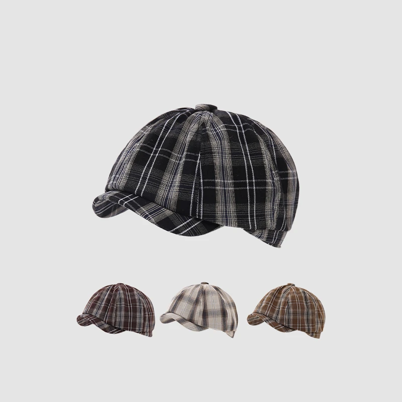 宝宝帽子春秋款男童洋气贝雷帽英伦文艺格子条纹小女孩儿童画家帽