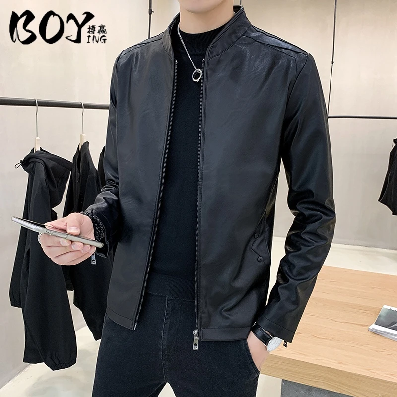 秋冬季皮夹克外套男韩版修身百搭保暖加绒休闲立领短款中青年