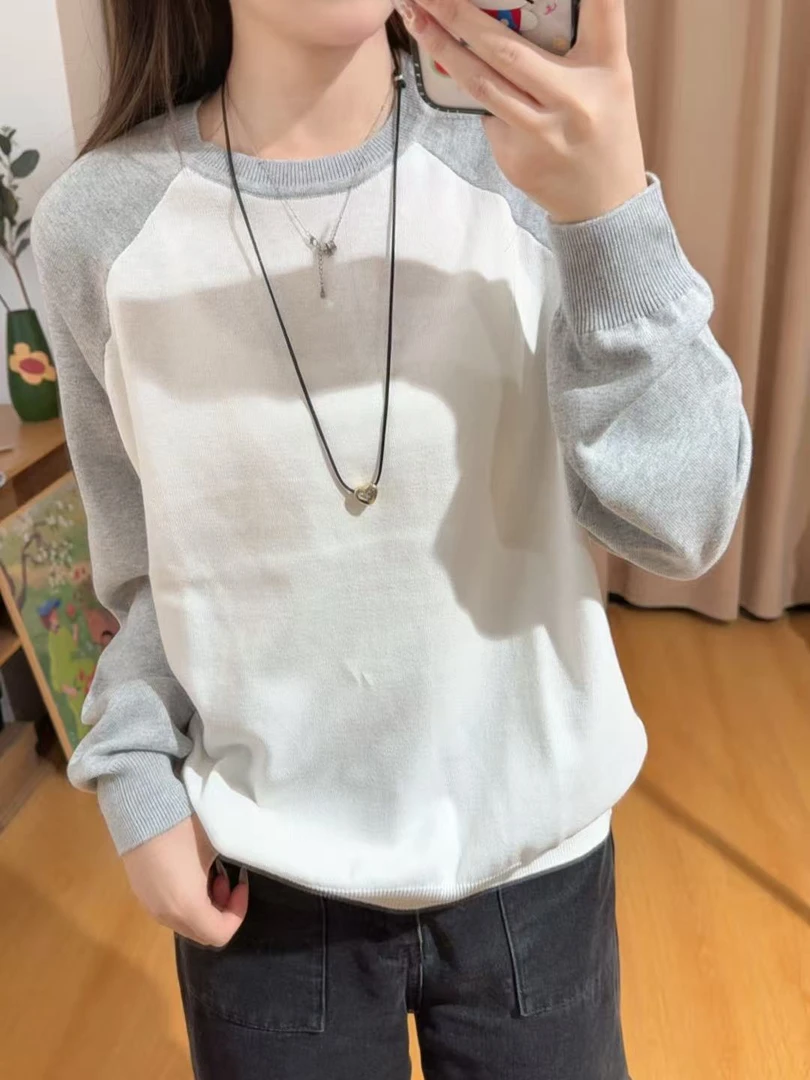 13526余小鱼【撞色记忆】两色撞插肩袖圆领长袖时尚百搭针织衫女装