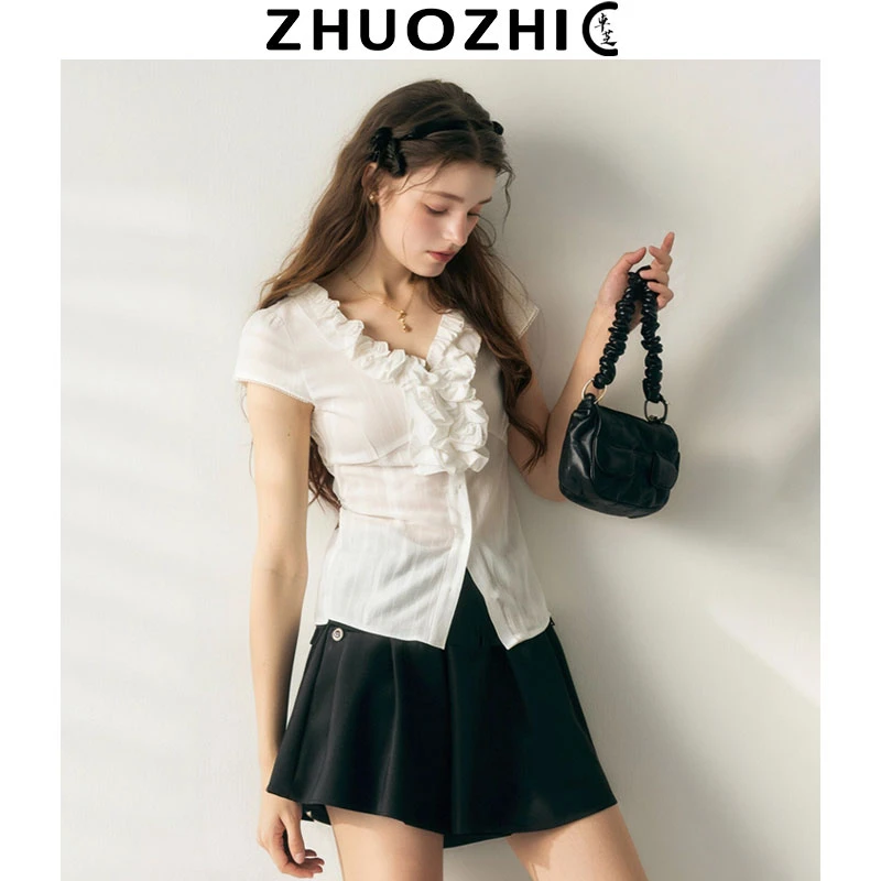 [特价]法式蕾丝花边拼接V领衬衫2025夏季新款温柔风减龄百搭上衣