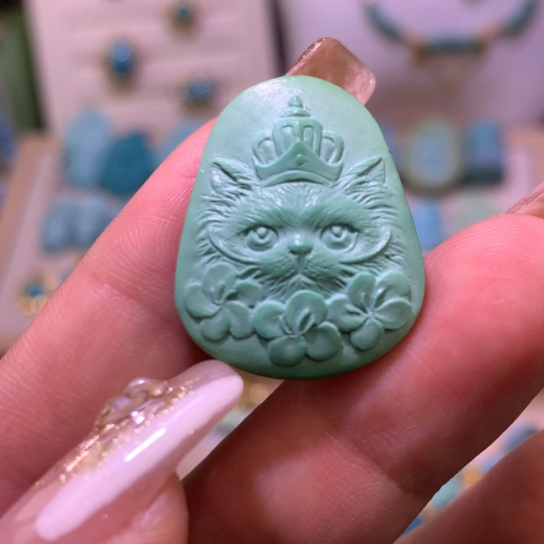 绿松石珠宝奇石未镶嵌猫咪牌