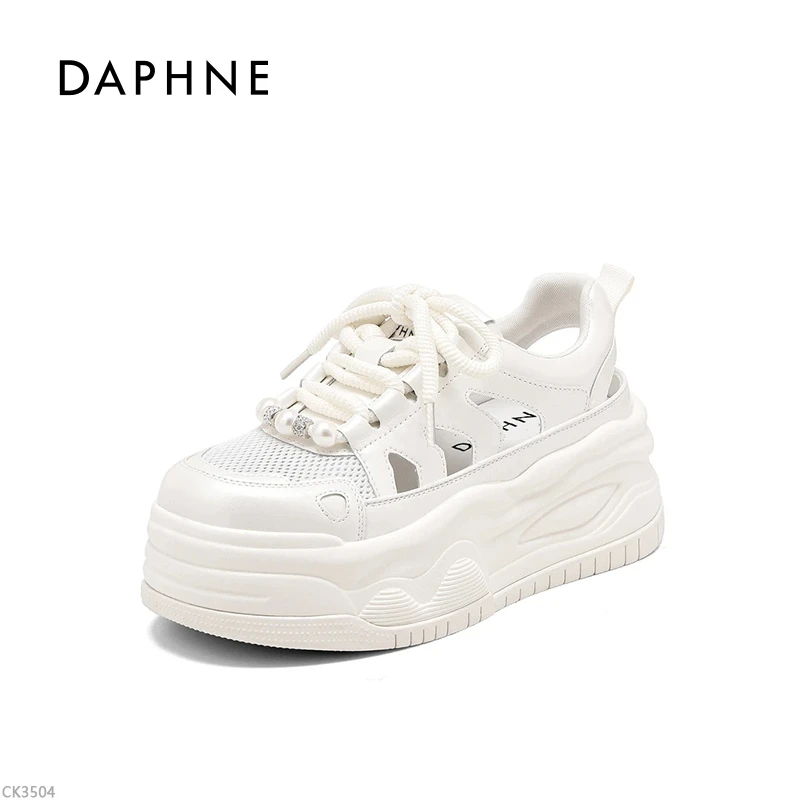 达芙妮厚底增高小白鞋女2025夏季新款镂空透气网面时尚百搭休闲鞋