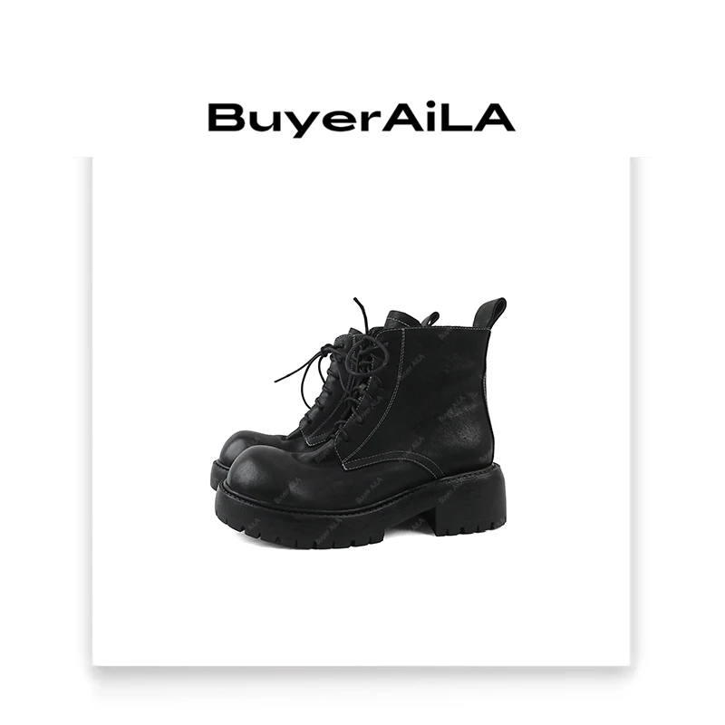 罗曼慵懒印象水洗马皮厚底系带增高马丁靴短筒机车靴