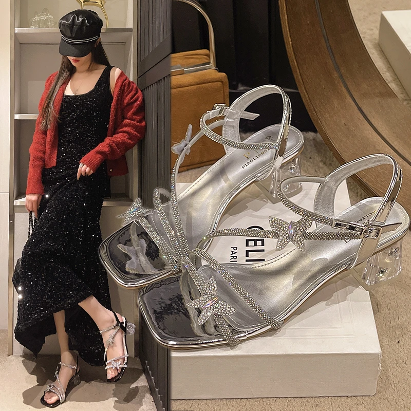 蝴蝶水钻凉鞋女2025新款轻奢夏季粗跟百搭配裙子银色水晶高跟鞋