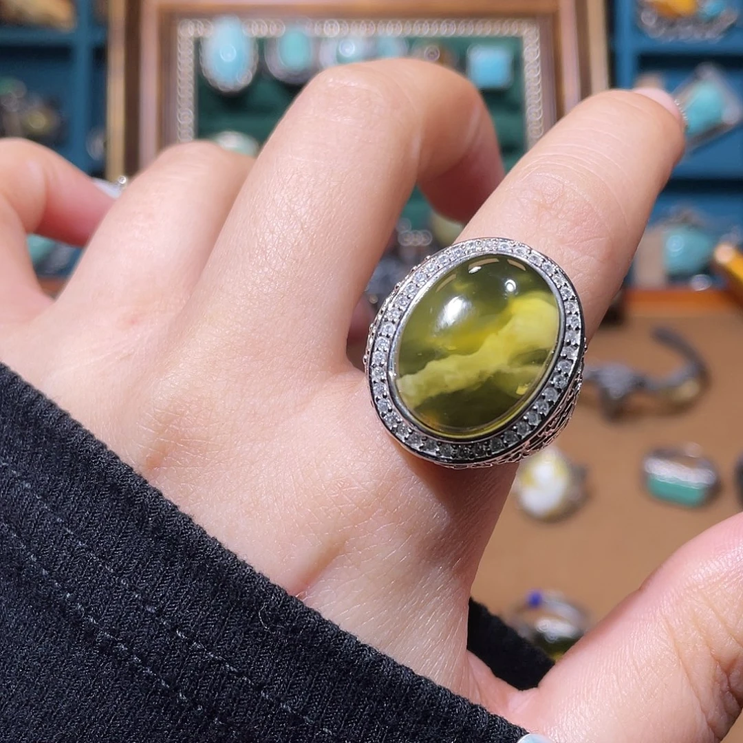 琥珀银S925镶嵌戒指戒指