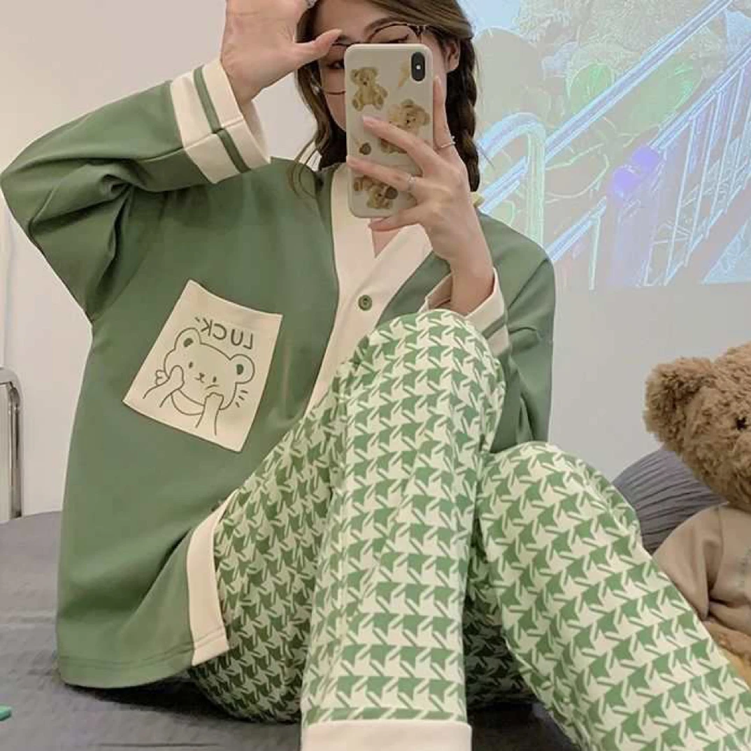 春秋季女士长袖精梳棉千鸟格可外穿休闲睡衣套装