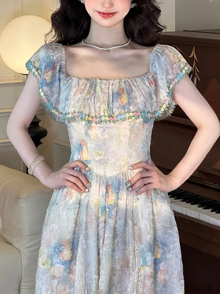 法式复古油画碎花仙女连衣裙女新款温柔风甜美方领显瘦海边度假裙