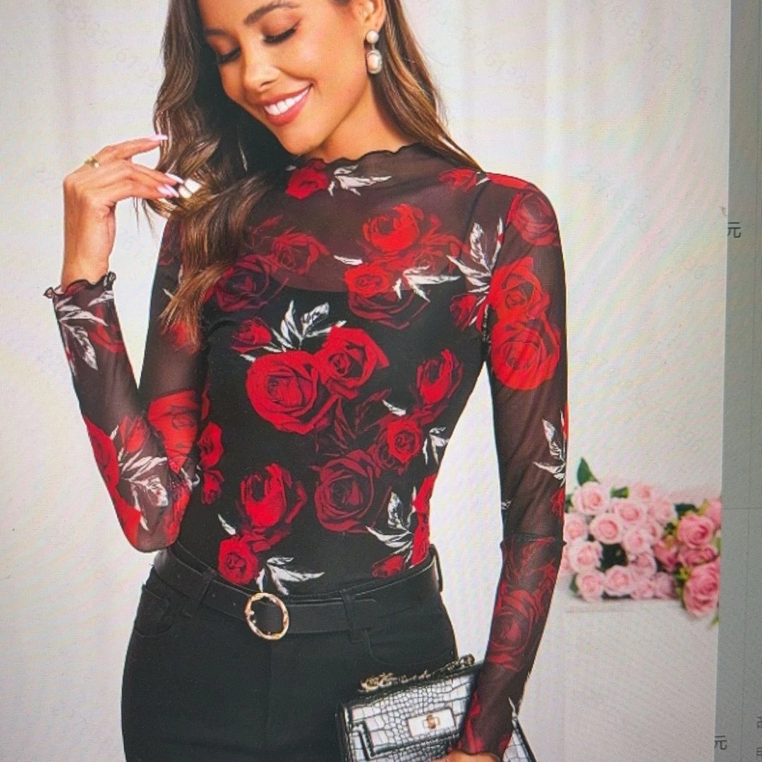 主播优选PYX-809印花网纱时尚长袖高领修身新款收腰洋气显瘦打底