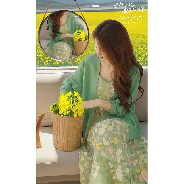 春装搭配一整套大码胖mm针织开衫碎花连衣裙韩系独特漂亮套装裙女