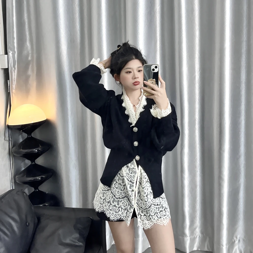 【虎妹推荐】小个子法式黑色毛衣蕾丝打底裙（两件套）