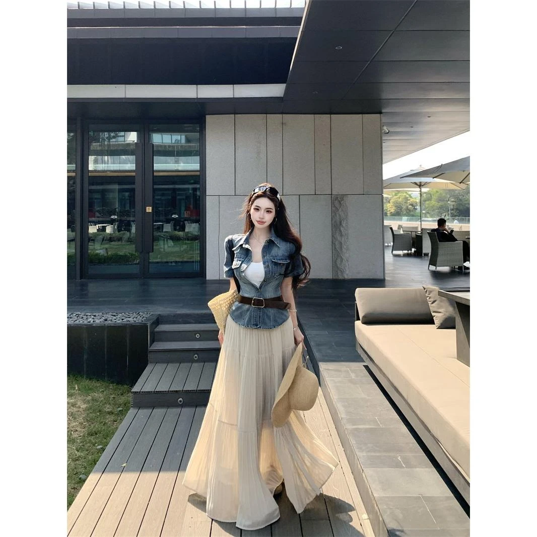 夏季新款复古短袖牛仔衬衫上衣系腰带压皱显瘦半身裙长裙两件套装