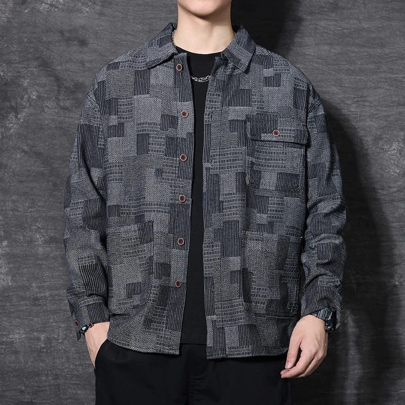 U&PURA秋季衬衫外套男新款拼色黑色宽松休闲加厚长袖衬衣牛仔复古