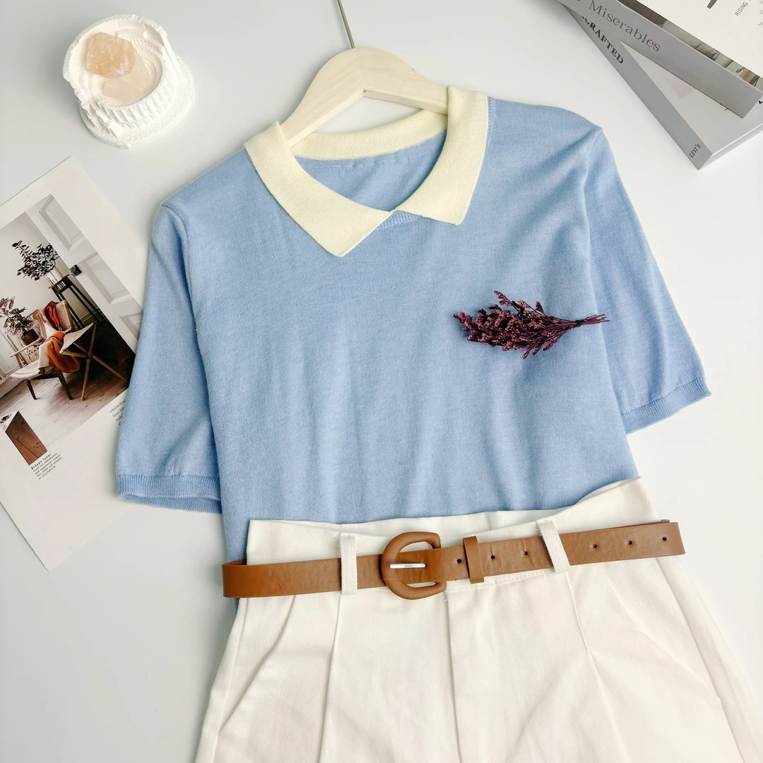 玲姐定制-翻领Polo领字母刺绣金属吊坠软糯套头针织短袖124120