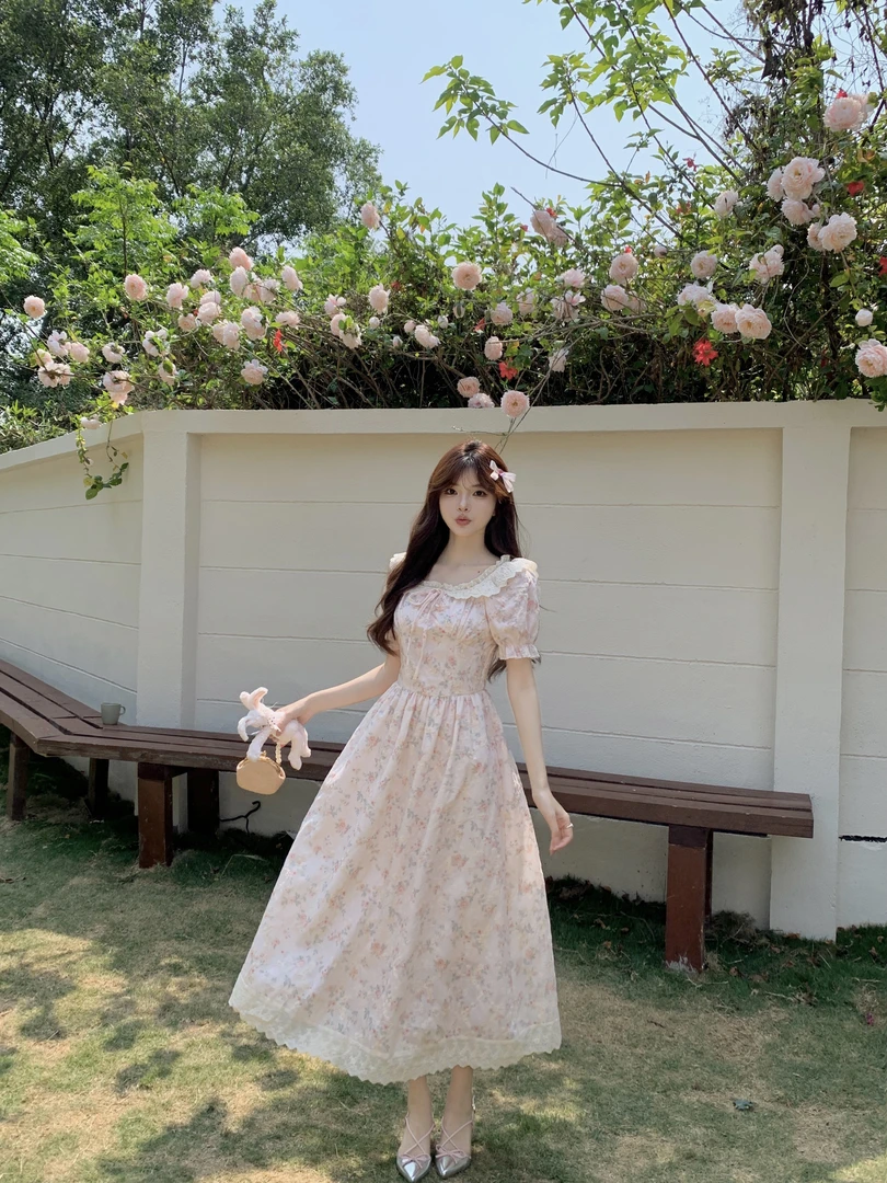 SWEET少女早茶微胖大码纯欲泡泡袖碎花甜美收腰显瘦连衣裙子9963