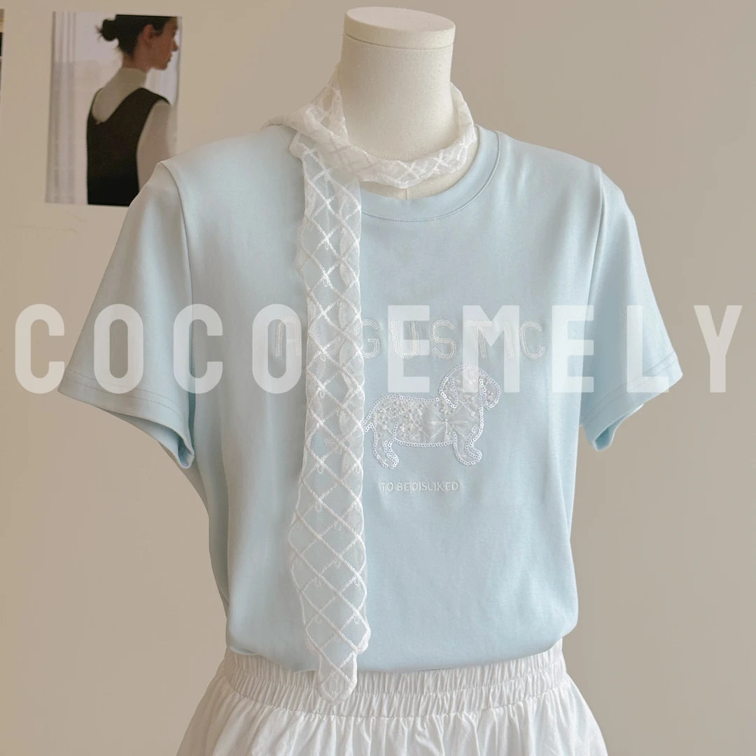 COCO EMELY 蓝色小狗印花短袖T恤女夏季欧若风清新穿搭CO07211466