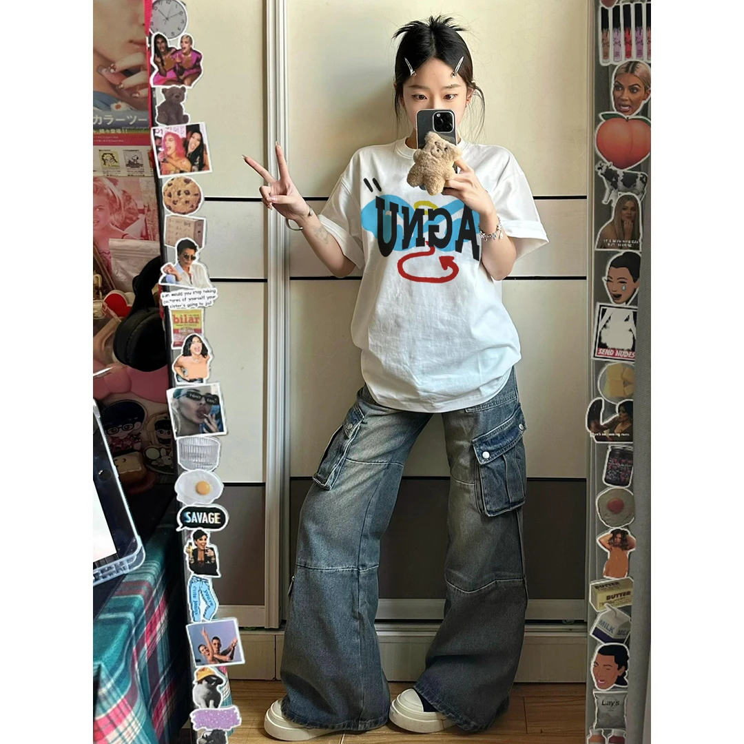 labzaa美式ins高街风天使印花纯棉短袖T恤女潮流春款打底内搭上衣