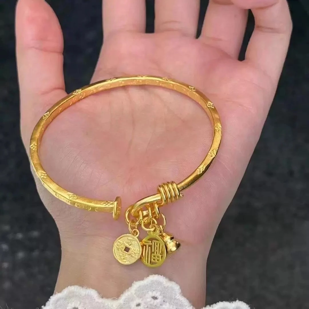手镯 高定精工经典黄色手工錾刻吉言手镯福禄吊坠开口手镯
