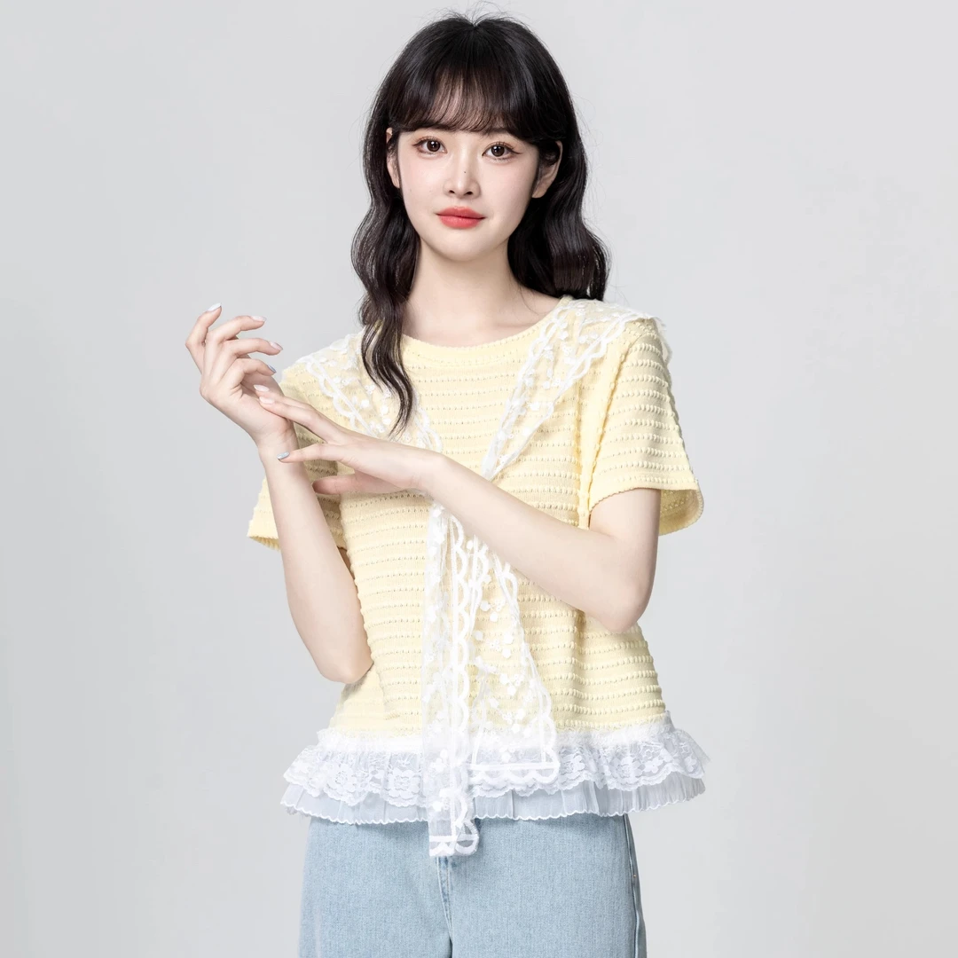 黄色蕾丝披肩短袖T恤女夏2025夏季新款拼接设计感圆领体恤短上衣