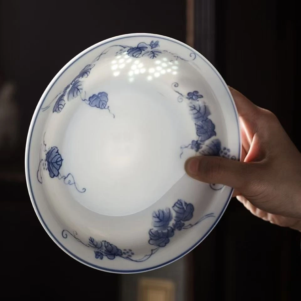 8英寸葡萄玲珑深盘景德镇高温陶瓷釉下彩家用圆形菜盘饭盘菜碟子