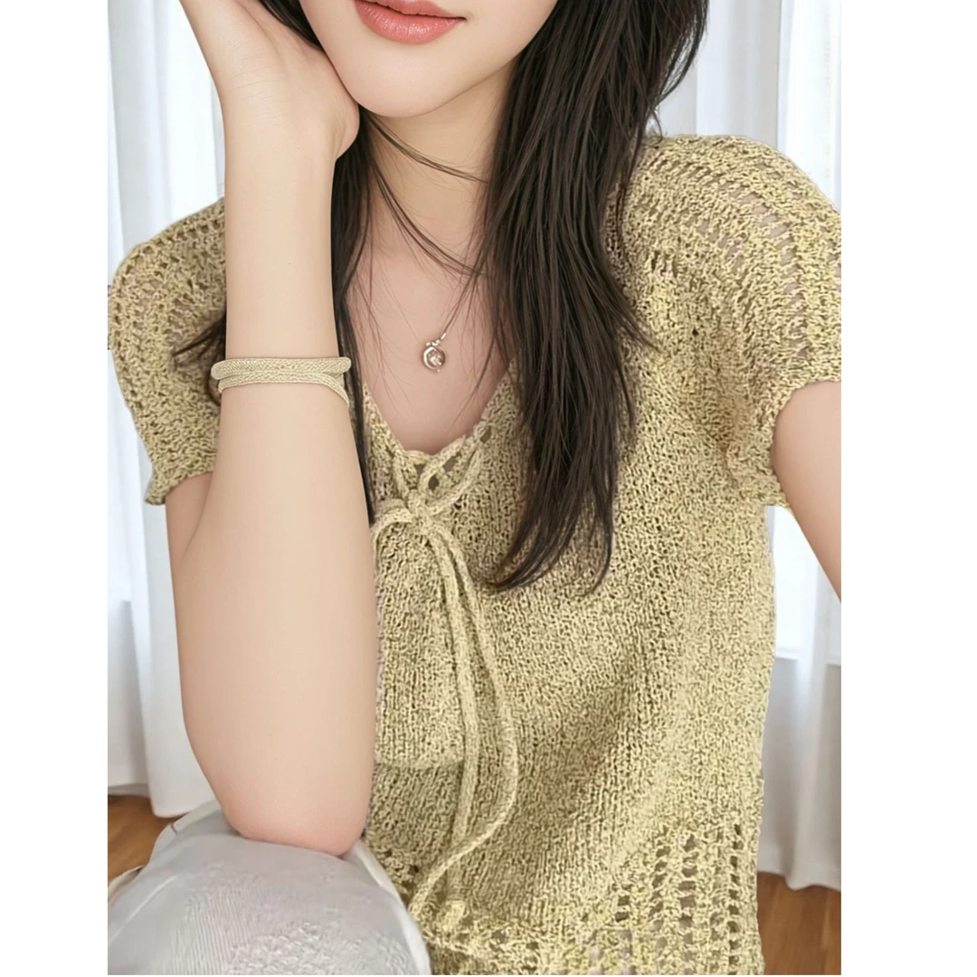 港风洋气温柔减龄上衣女2025夏季新款慵懒风宽松显瘦短袖针织衫