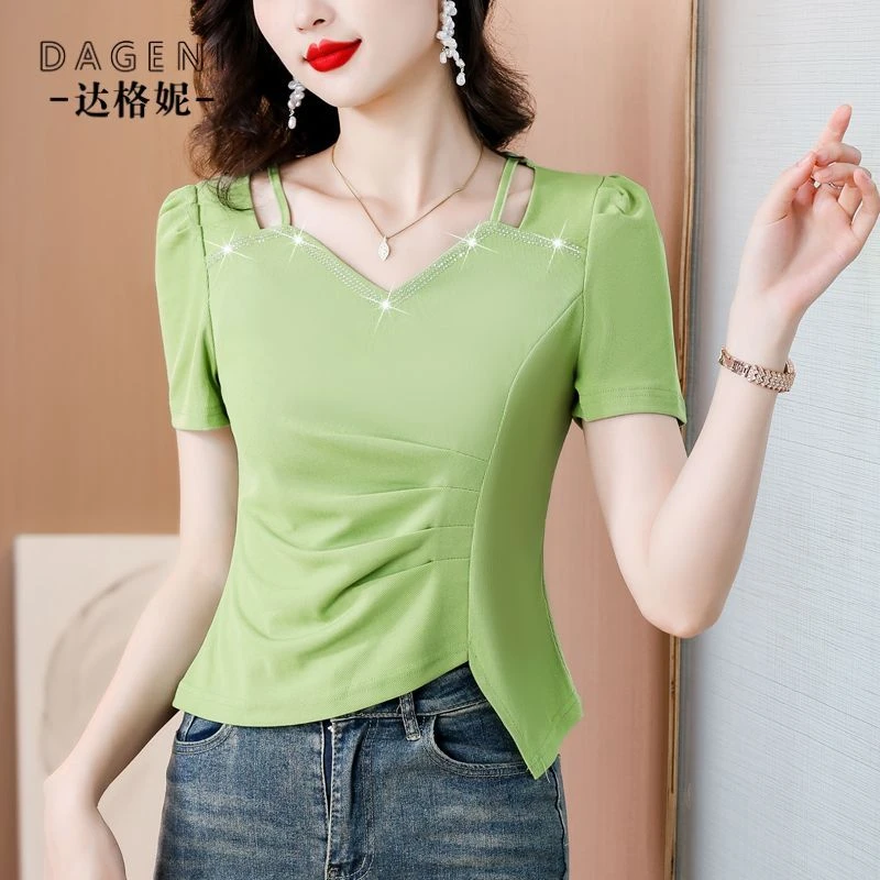 时尚方领烫钻短袖t恤女2025夏季新款不规则收褶半袖上衣洋气小衫