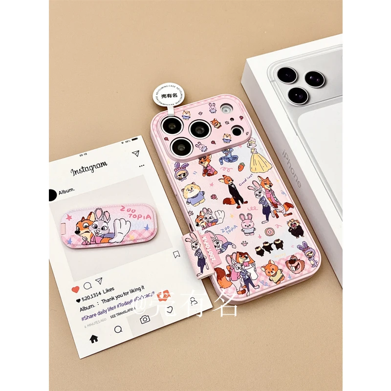 皮质粉底疯狂动物城折叠支架适用苹果17手机壳iPhone16/15/14少女