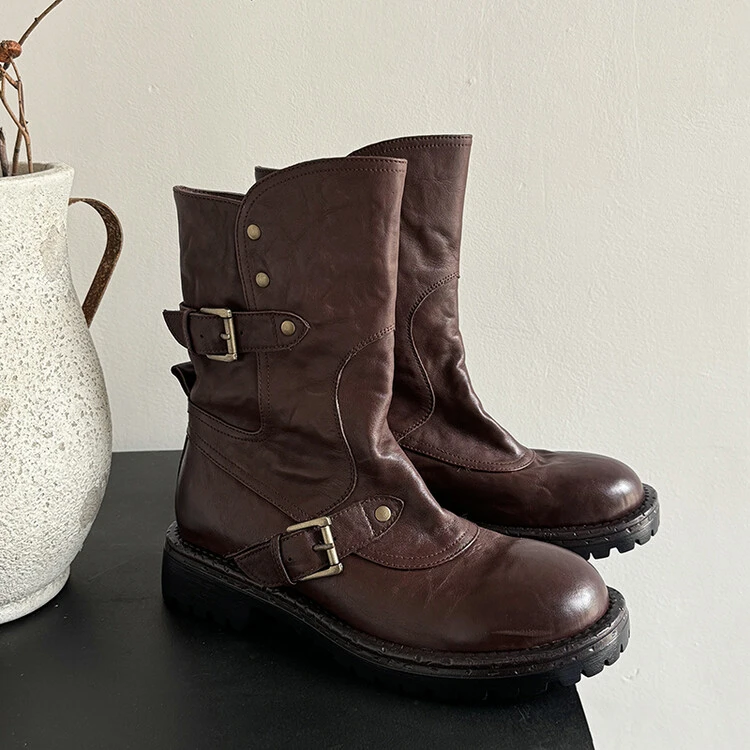 2025新款真皮女靴时尚复古重工水洗头层牛皮一脚蹬马丁靴短靴