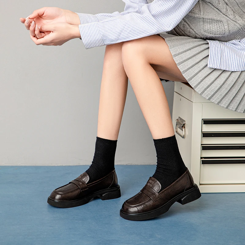 卓诗尼2025年厚底乐福鞋一脚蹬黑色复古时尚英伦风软底502A23871